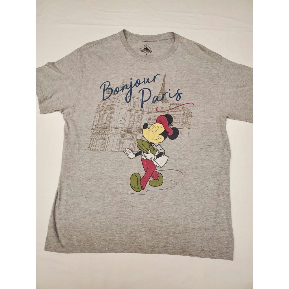 Disney Bonjour Paris Mickey Mouse Graphic Tee Sz L Gray Eiffel Tower T-Shirt